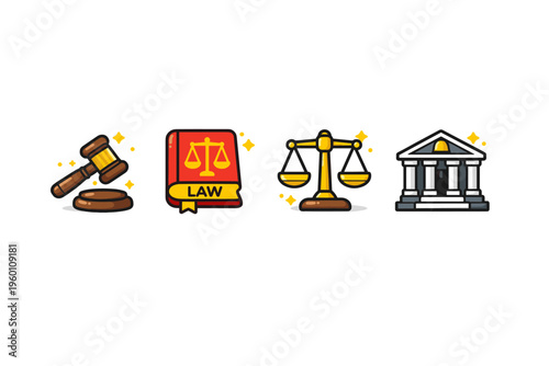 Legal justice icons set featuring gavel, law book, balance scales, and courthouse building symbols for court, rights, advocacy, and judgment concepts