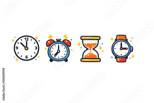 Set of colorful hand-drawn timekeeping icons featuring wall clock, alarm clock, sand hourglass, and wristwatch with decorative sparkles