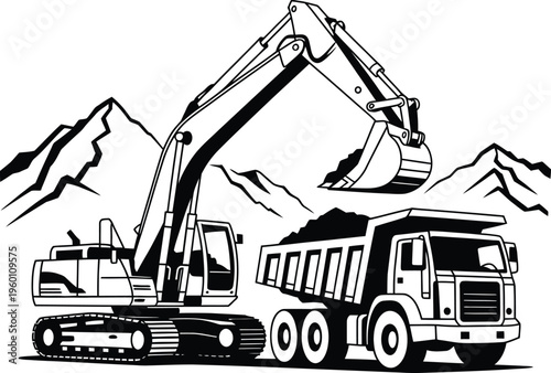 An excavator loads dirt into a dump truck at a mountainous site.