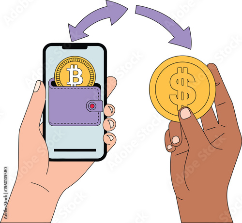 Hands exchange cryptocurrency for fiat currency on a smartphone.
