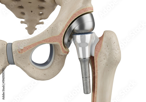 a detailed 3d technical illustration of a total hip replacement arthroplasty, showing metallic and ceramic prosthetic components seated within the cross-sectioned femur and pelvis. educational
