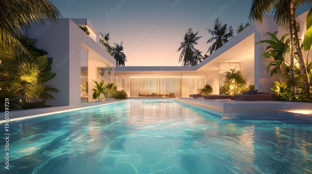 Fototapeta premium Luxury villa exterior at twilight with warm lights reflecting in a crystal clear pool. Premium vacation resort atmosphere with palm trees and modern design.