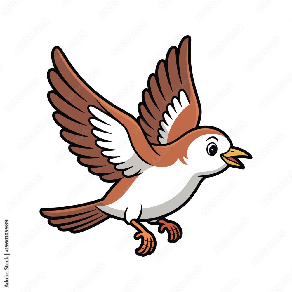 Fototapeta premium A cartoon sparrow flies freely with its wings spread wide in the air.