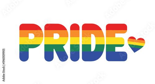 Pride Word in Rainbow Flag Colors with Heart Graphic Celebrating Lgbtq Community and Love