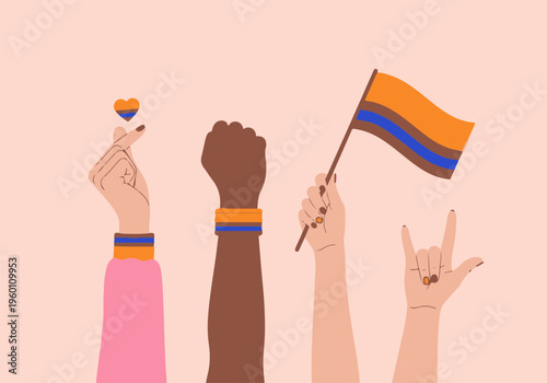 Unity of Diverse Hands Expressing Solidarity with Colored Wristbands a Flag and Heart Gesture