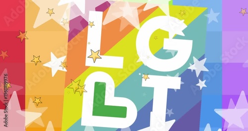 Colorful LGBT text over a vibrant rainbow background, with copy space