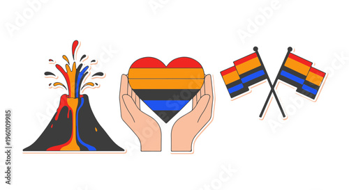 Bear Flag Pride Illustrations with a Vibrant Volcano Hands Holding a Heart and Crossed Flags
