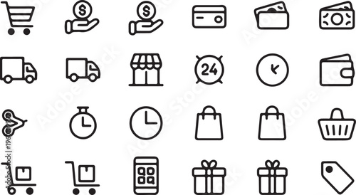 Essential shopping and e commerce icons for retail and online business transactions