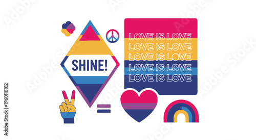 Love Is Love Message in Transgender Pride Flag Colors with Peace Signs and Geometric Shapes