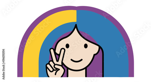 Peace Sign Gesture by Happy Young Woman with Purple Hair in Vibrant Purple Yellow Blue Arch