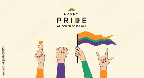 Pride Celebration Colorful Hands Holding Rainbow Flag Unity Love Joyful Illustration