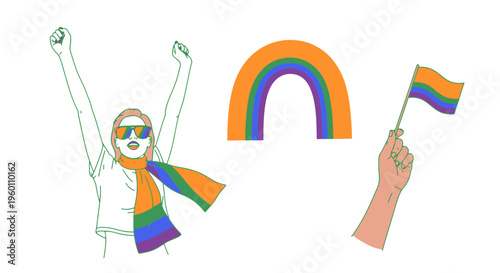 Pride Celebration Illustration Featuring a Joyful Person Colorful Rainbow and a Striped Flag