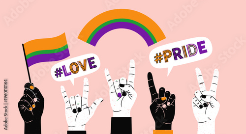 Pride and Love Message with Diverse Human Hands Displaying Various Gestures and Rainbow Flag