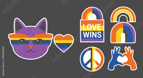 Pride Cat Wearing Rainbow Sunglasses with Love Wins Lock Heart Peace Sign and Rainbows