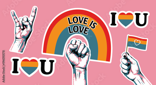 Pride Concept with Love Is Love Rainbow Text I Love You Hand Gesture and Raised Fist