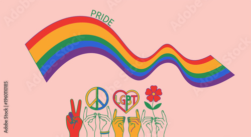 Pride Celebration with Rainbow Flag Diverse Hands Peace Symbol and Flower on Pink Background