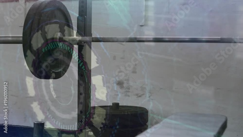 Faint HUD starting, loaded barbell moving into view, teal band sweeping, revealing gear diagnostics