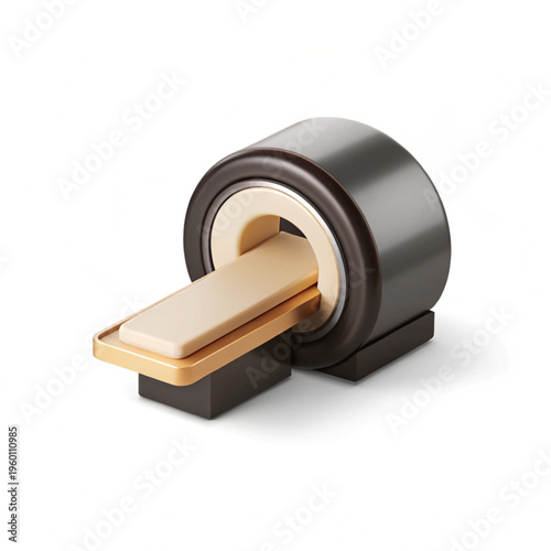 A 3d rendered medical imaging machine featuring a sleek cylindrical gantry and a patient table.