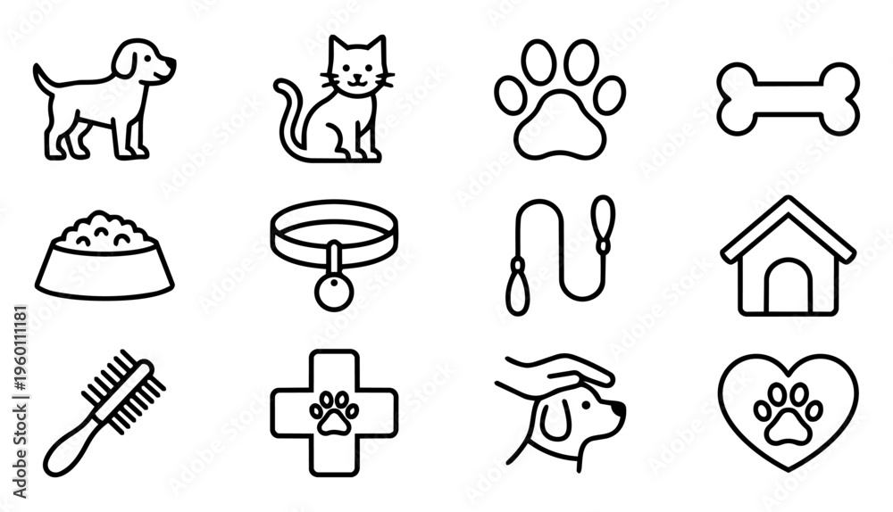 Fototapeta premium Pet Care Line Icons Set – Dog, Cat and Animal Care Outline Symbols