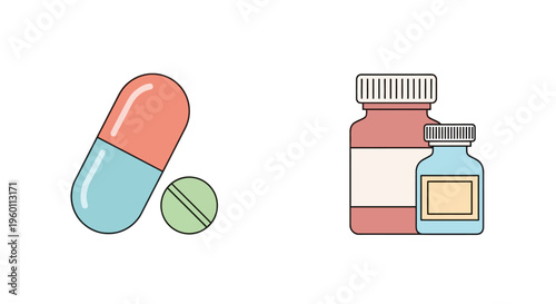 Medications and pills in bottles.