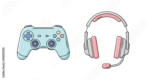 Gaming controller and pink headphones.