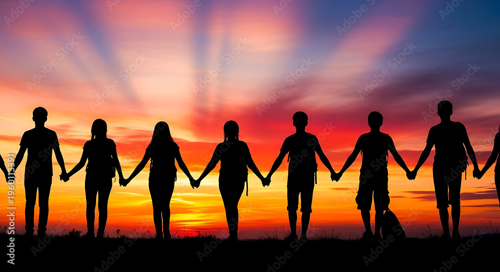 Fototapeta premium Seven silhouettes holding hands at vibrant sunset