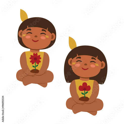 Índios brasileiros sentados de pernas cruzadas com flores nas mãos - ilustração vetorial