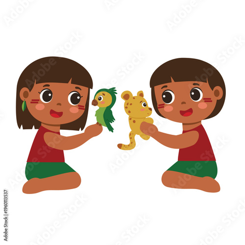 Indigenas brasileiros de joelhos segurando papagaio e onça - ilustração vetorial