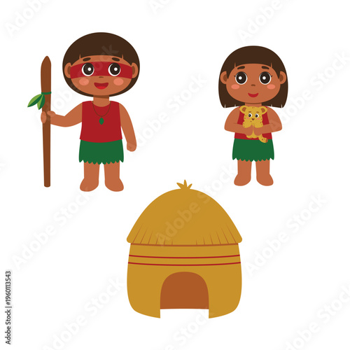 Índigenas brasileiros e oca (casa indígena) - ilustração vetorial