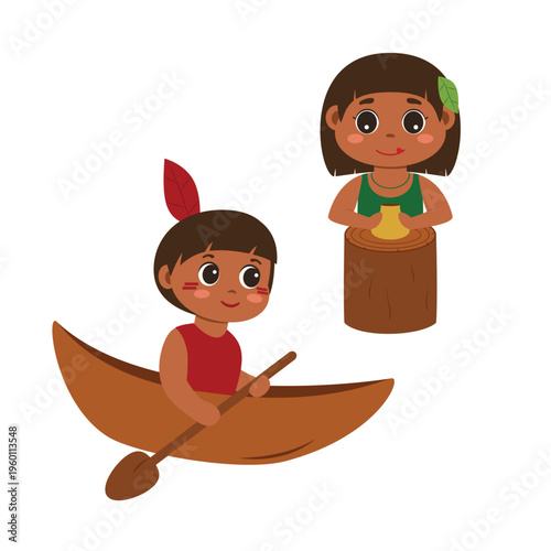 Índigenas brasileiros na canoa e fazendo artesanato - ilustração vetorial