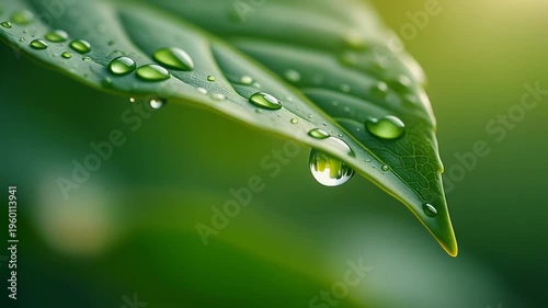 Aesthetic macro illustration: a perfect drop of dew with reflections on the tip of a bright green leaf. Freshness of raw nature, purity and soft bokeh in the style of 3D rendering on a light backgroun