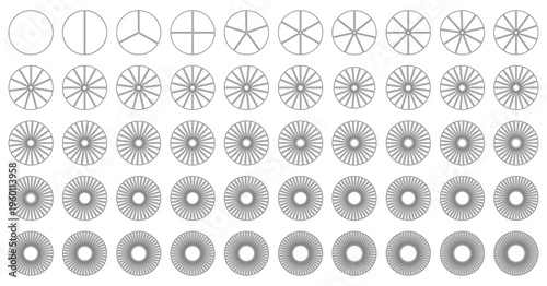 Circle pie chart infographics. Pizza part slice graph vector diagram. Round wheel divide into equal segments. Set of round graphic pie charts icons. Segment of circle infographic.
