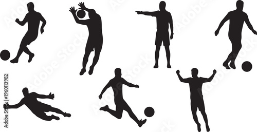 Soccer Player Silhouettes Set, Football Action Poses, Professional Athlete Graphics, Goalkeeper and Striker Silhouette Icons, Dynamic Sports Vector Collection
