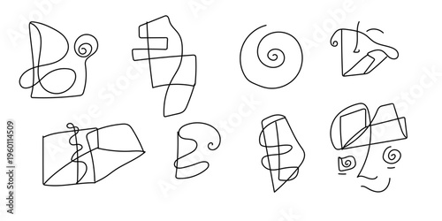 A collection of eight abstract continuous‑line illustrations in a minimalist style. Each drawing features fluid black linework forming unique shapes, spirals, geometric compositions.