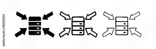 Data Storage and Server Consolidation Icon Set with Inward Arrows - Technology Concept