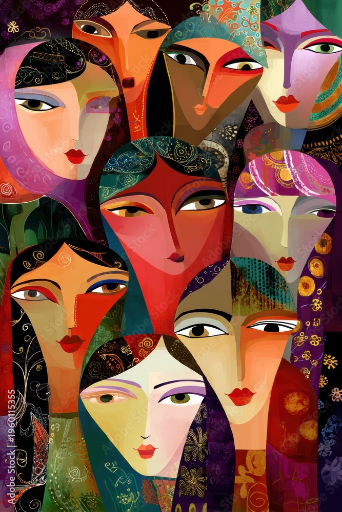 Obraz premium Female diversity. Human rights, equal opportunity concept. A vibrant and colorful abstract painting depicts a group of womens faces, each with distinct facial features and intricate patterns.