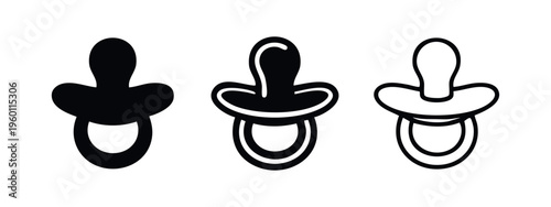 Baby pacifier icon set. Dummy or soother symbol in glyph, outline, and thick line style. Nipple for newborns.