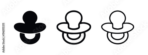 Baby dummy icon set. Pacifier or soother symbol in glyph, outline, and thick line style. Child feeding accessory.