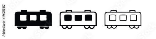 Train carriage icon set. Railway wagon or coach symbol in glyph, outline, and thick line style. Passenger transport.