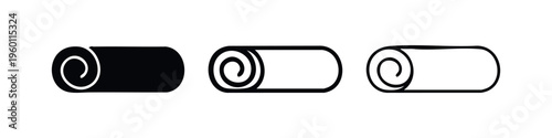 Rolled mat icon set. Towel or yoga mat symbol in glyph, outline, and thick line style. Fitness and wellness accessory.
