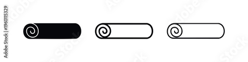 Rolled towel icon set. Spa or bath mat symbol in glyph, outline, and thick line style. Textile for hygiene.
