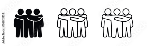 Friendship icon set. Group of friends or team symbol in glyph, outline, and thick line style. Support and togetherness.