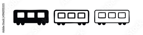 Railway carriage icon set. Train wagon or coach symbol in glyph, outline, and thick line style. Rail transport.