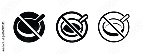 No Plate or Dish Icon Set, Eating Forbidden Symbol for Food Service Rules and Hygiene