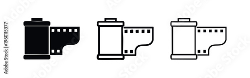 Film roll and photographic strip icons in solid, thick, and thin line styles for media