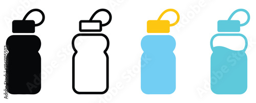 Bottle flask thermos four style vector icon set showing hydration essentials, vector illustration for water intake, fitness, and healthy lifestyle design
