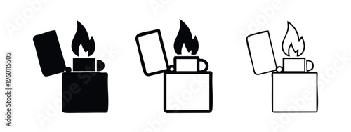 Classic Lighter with Burning Flame Icons in Three Styles: Solid, Outline, and Bold Line