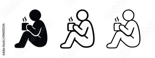 Person Sitting and Drinking Hot Beverage Icon Set. Human Holding a Steaming Mug Symbol.