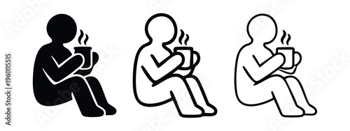 Person Sitting and Drinking Hot Beverage Icon Set. Human Holding a Steaming Mug Symbol.