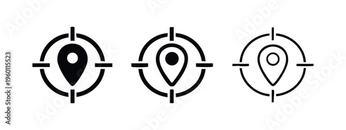 Target with Location Pin Icon Set. GPS, Destination, and Aim Symbol.